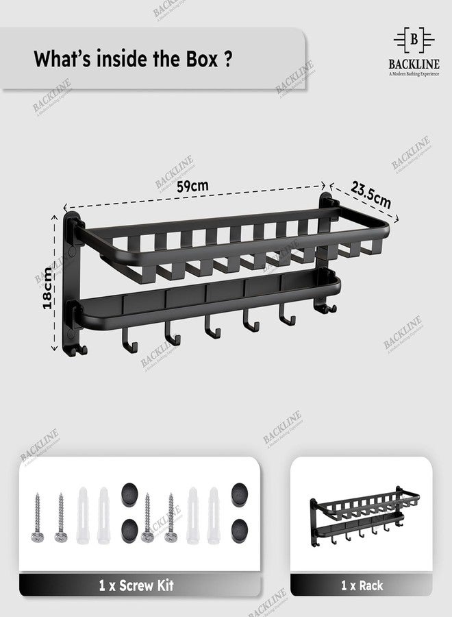 B Backline Aluminium Folding Towel Rack | 24-Inch Wall Mount Foldable Towel Holder with Swivel Rod, 9 Hooks & Storage Shelf | Bathroom Towel Stand for Shampoo & Accessories | Black Matt Finish - Image 2